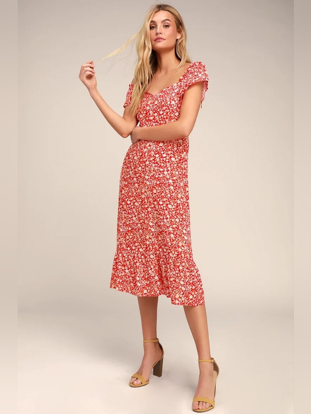 Lulus Mariana Red Floral Ditsy Print Sweetheart Split Midi Summer Dress Small - Picture 11 of 11